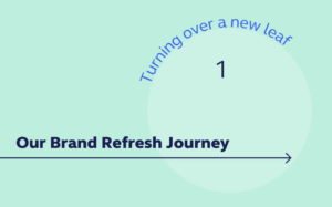 A graphic with an arrow saying, "Our Brand Refresh Journey: Turning over a new leaf" with the number 1