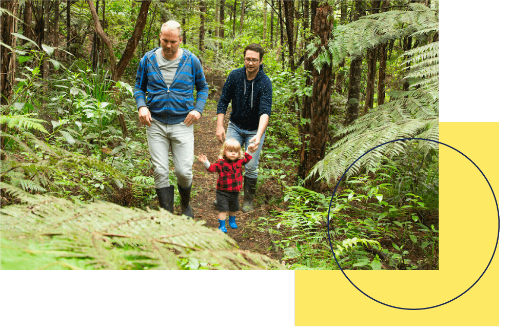Two men and a child walking through a green forest