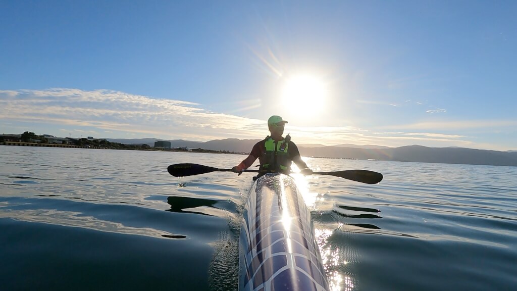 First-time CEO, David Morrison, on a surf ski in Wellington Harbour